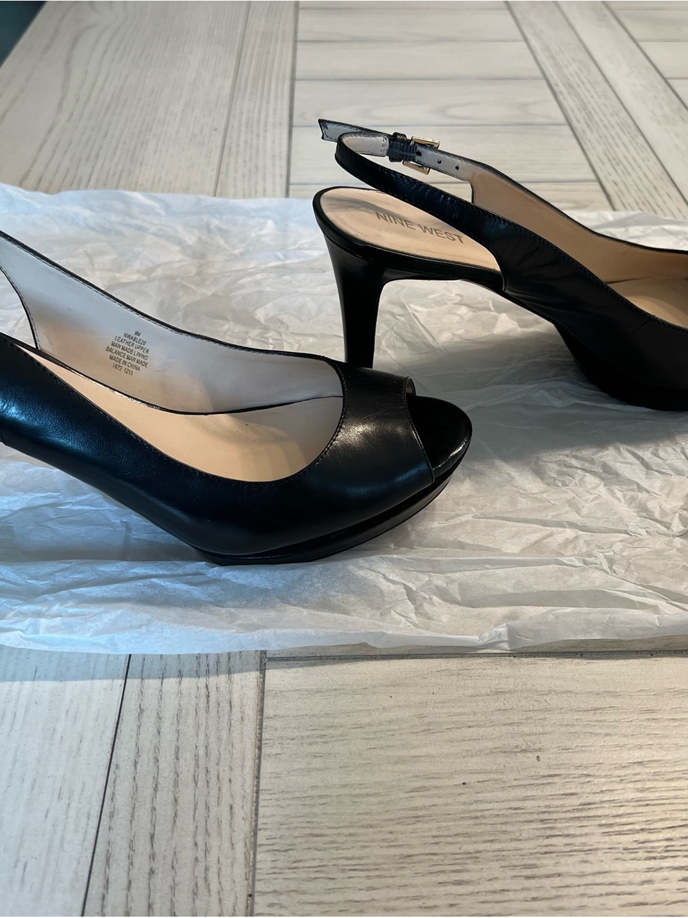 Nine West Black Leather Peep-Toe Slingback Heels with Ankle Strap